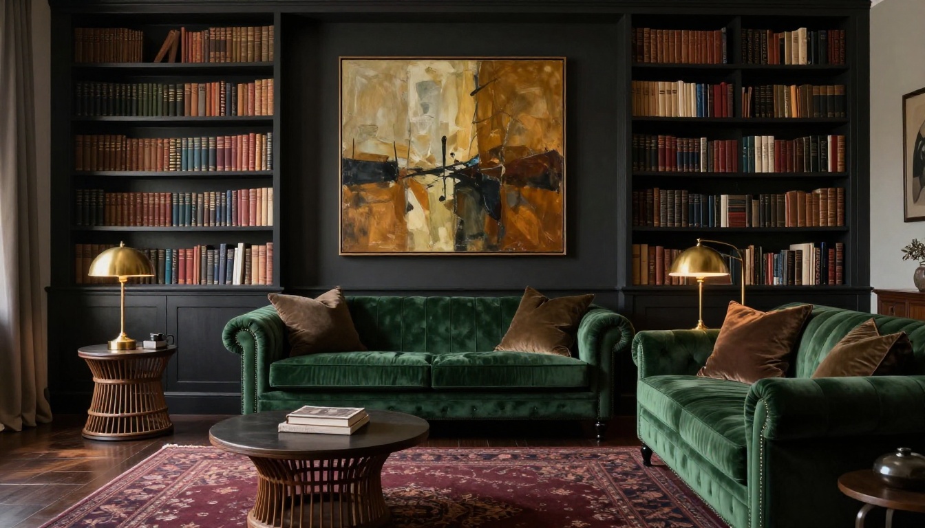 Sophisticated home library and sitting room showcasing layered interior design