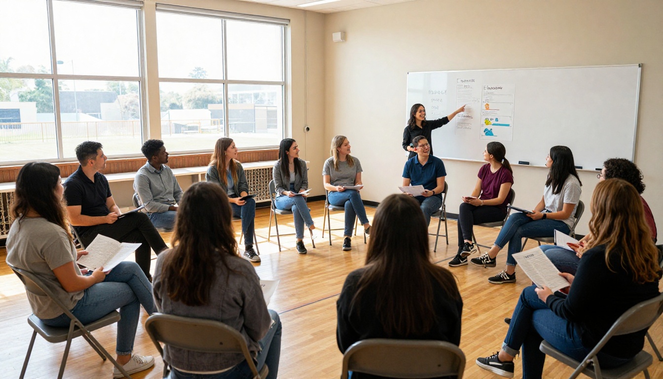 School PTA volunteers planning a fundraiser in a gymnasium