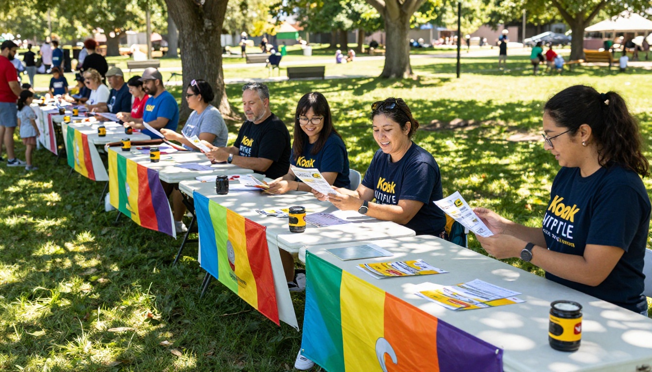 Vibrant outdoor community charity fundraiser event with volunteers and attendees