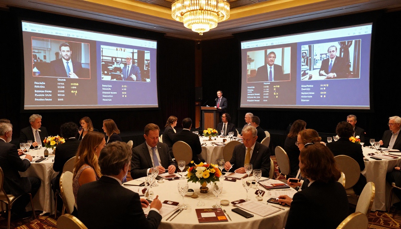 Charity auction gala evening with guests reviewing event programs