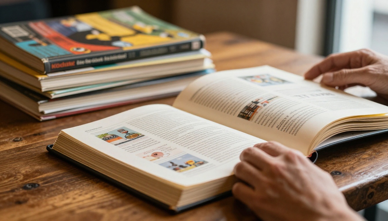 Close-up of hands turning pages of a glossy seasonal book catalog on a rustic café table