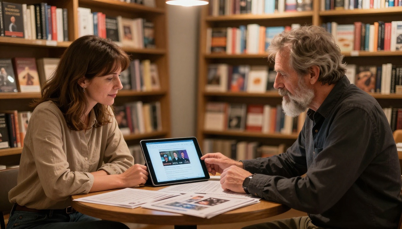 Bookstore owner and bearded author reviewing a digital event program flipbook together at a round table