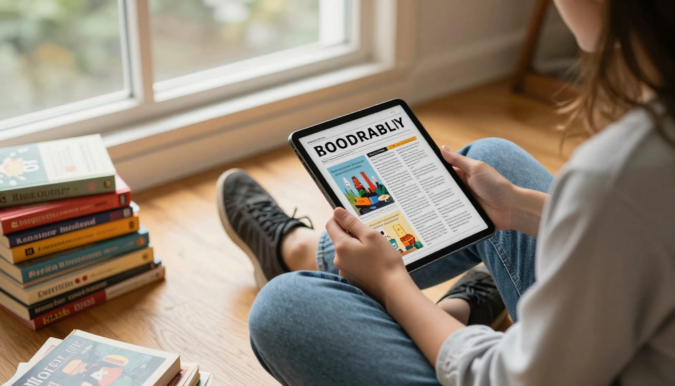 Young woman sitting on a wooden floor surrounded by books, browsing a bookstore newsletter flipbook on a tablet