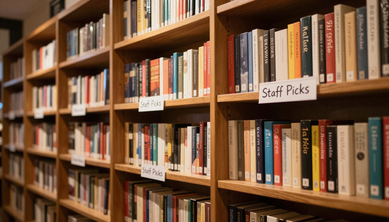 Low-angle view of a Staff Picks bookshelf with handwritten recommendation cards tucked into book spines