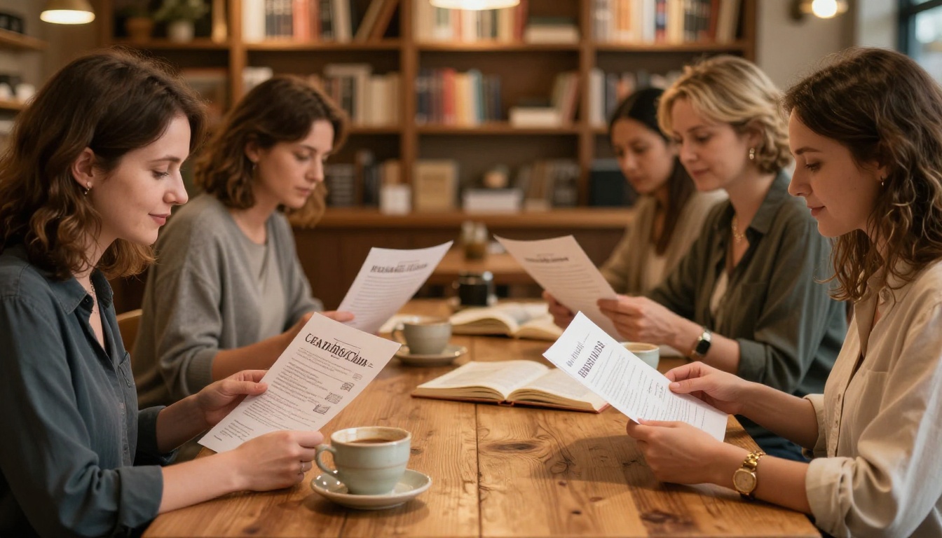 Reading club group of four women reviewing flipbook materials around a farmhouse table in a cozy bookstore