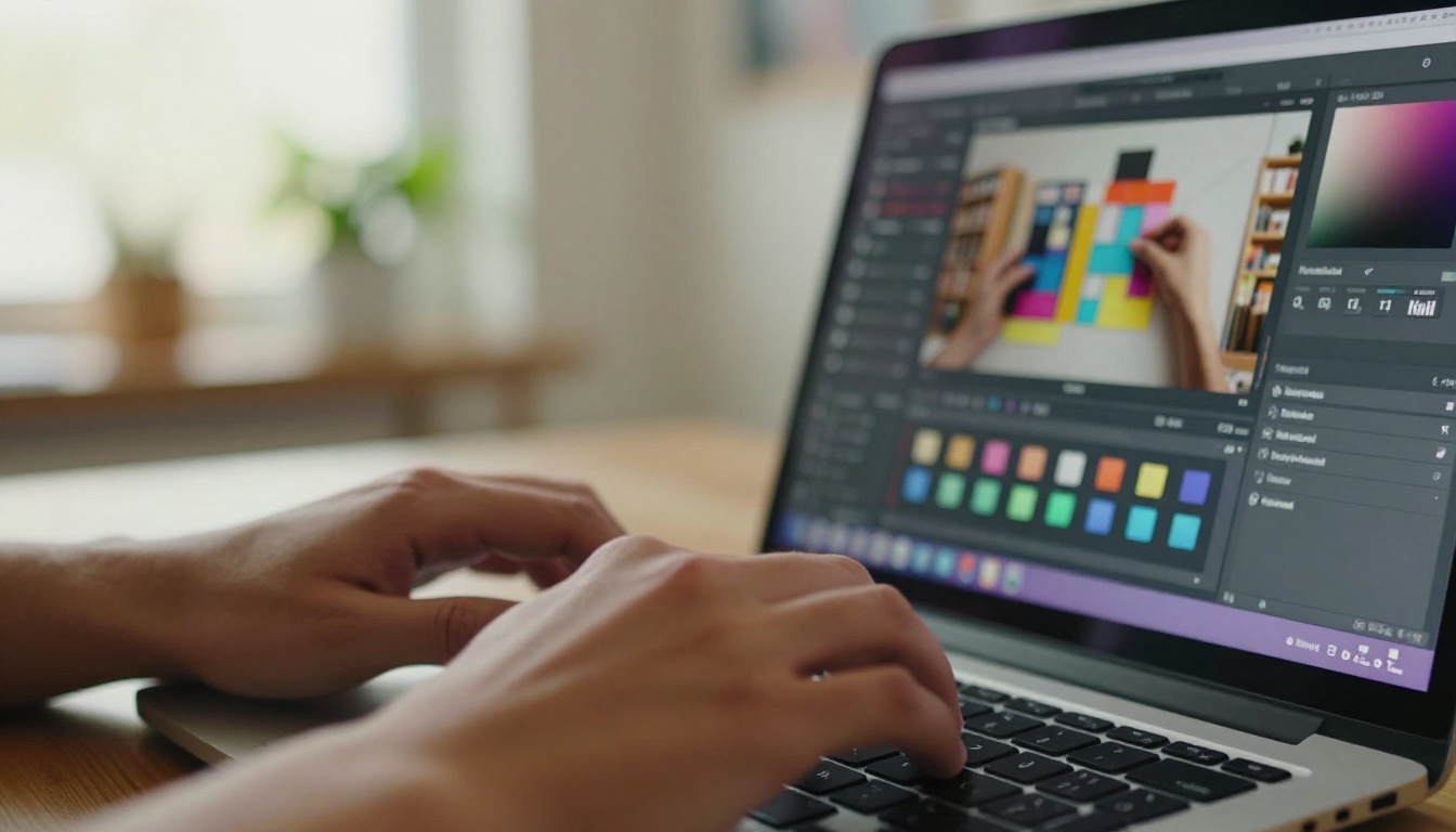 Close-up of a designer's hands customizing a bookstore flipbook with brand colors on a laptop