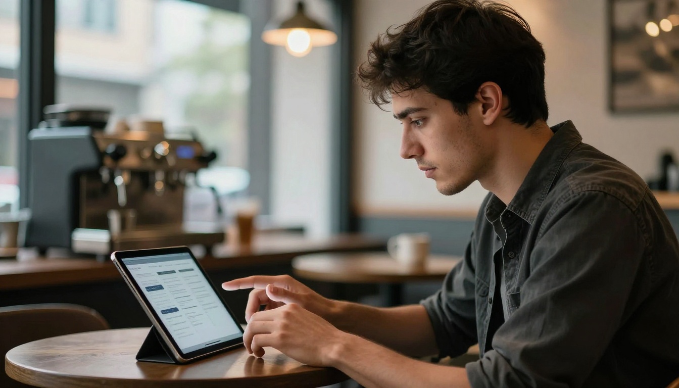 Man reading a digital flipbook on a tablet in a café