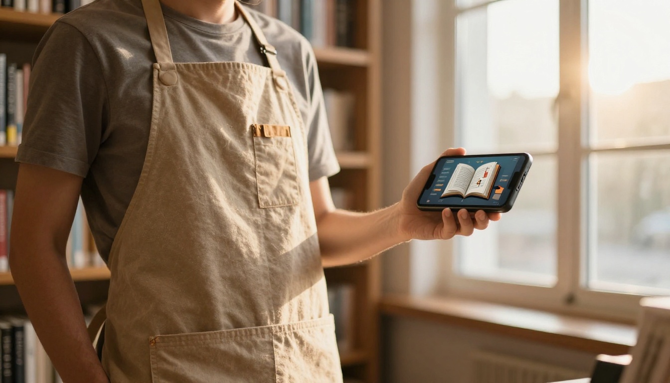 Bookstore employee in an apron leaning against a wooden bookshelf, sharing a flipbook on a smartphone