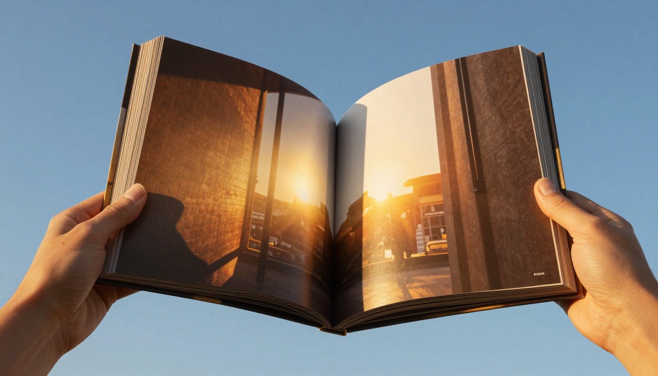 Hands holding a large fashion lookbook flipbook from below