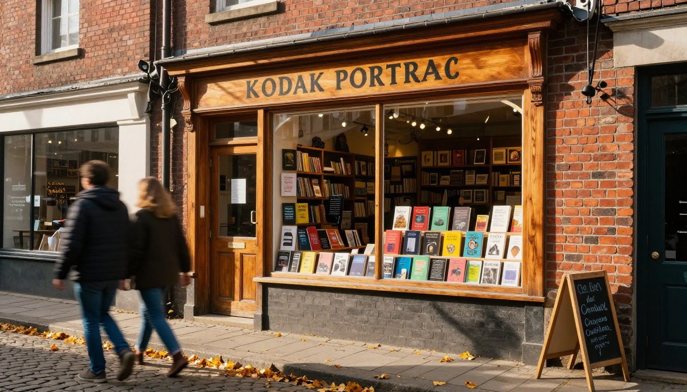 Charming independent bookstore facade on a cobblestone street with autumn leaves in morning light
