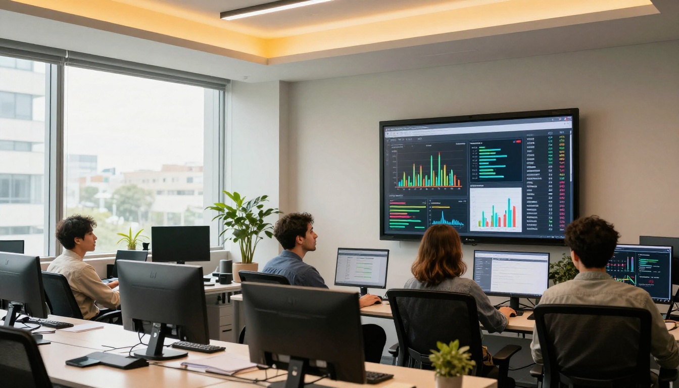 Marketing team reviewing analytics dashboard on monitor