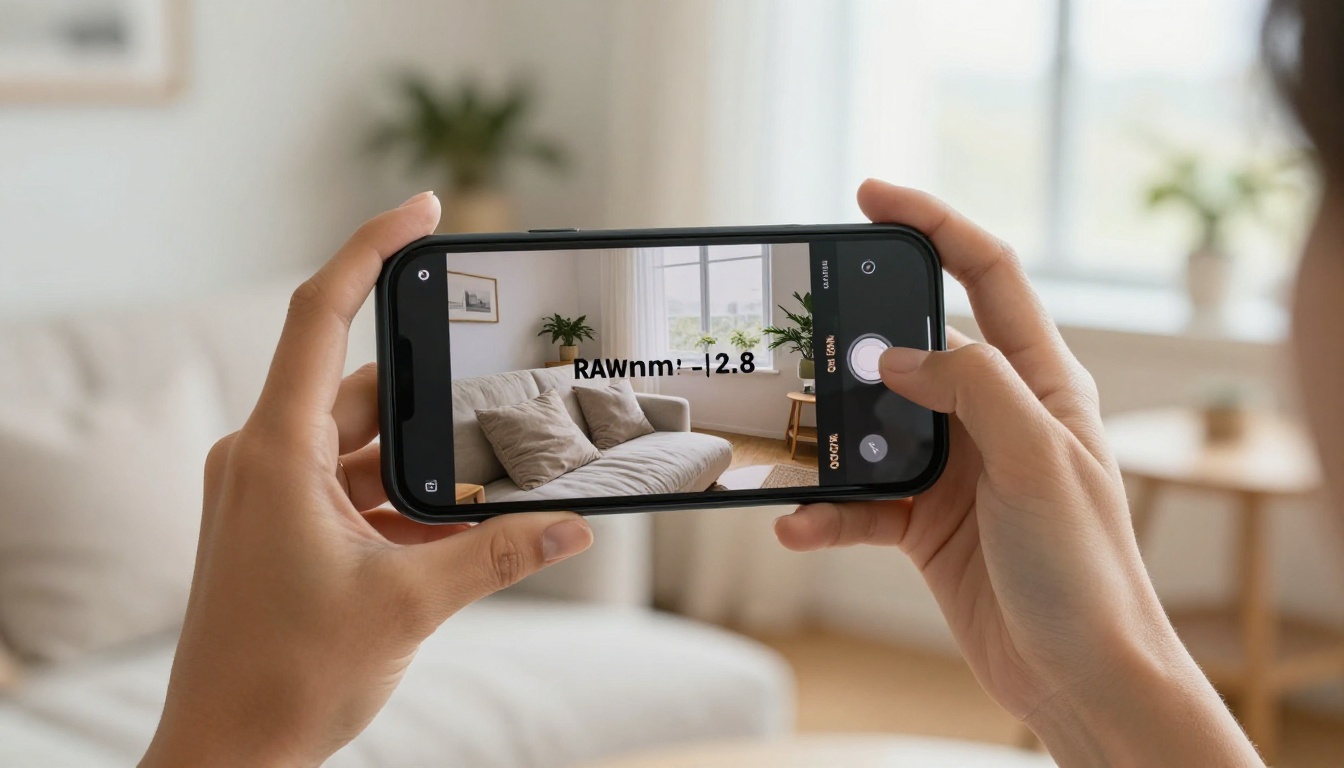 Woman reading a flipbook on a smartphone in a bright apartment