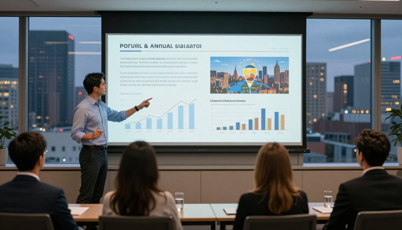 Business presenter showing a flipbook report on a large screen