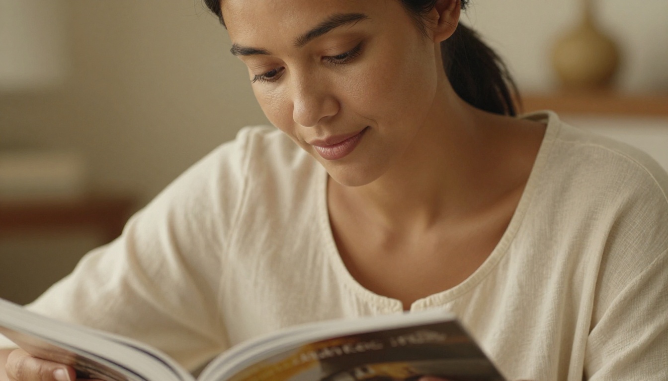 Woman in cream linen top reading a magazine-style flipbook