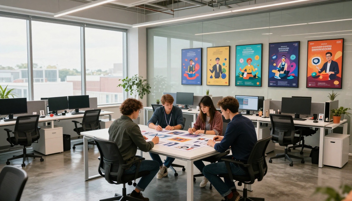 Wide shot of a modern marketing agency team reviewing ad campaign layouts on a large table