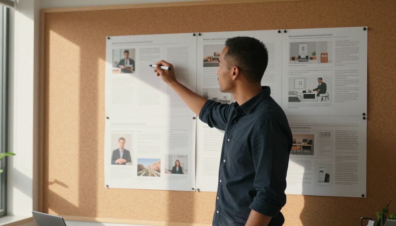 Brand strategist reviewing printed campaign storyboards pinned to a large corkboard wall
