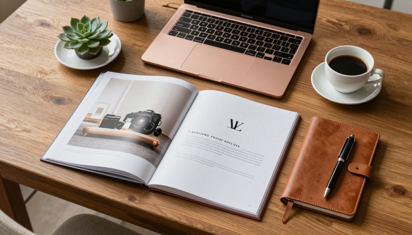 Aerial flat lay of a flipbook campaign spread open on a wooden table alongside a laptop and coffee