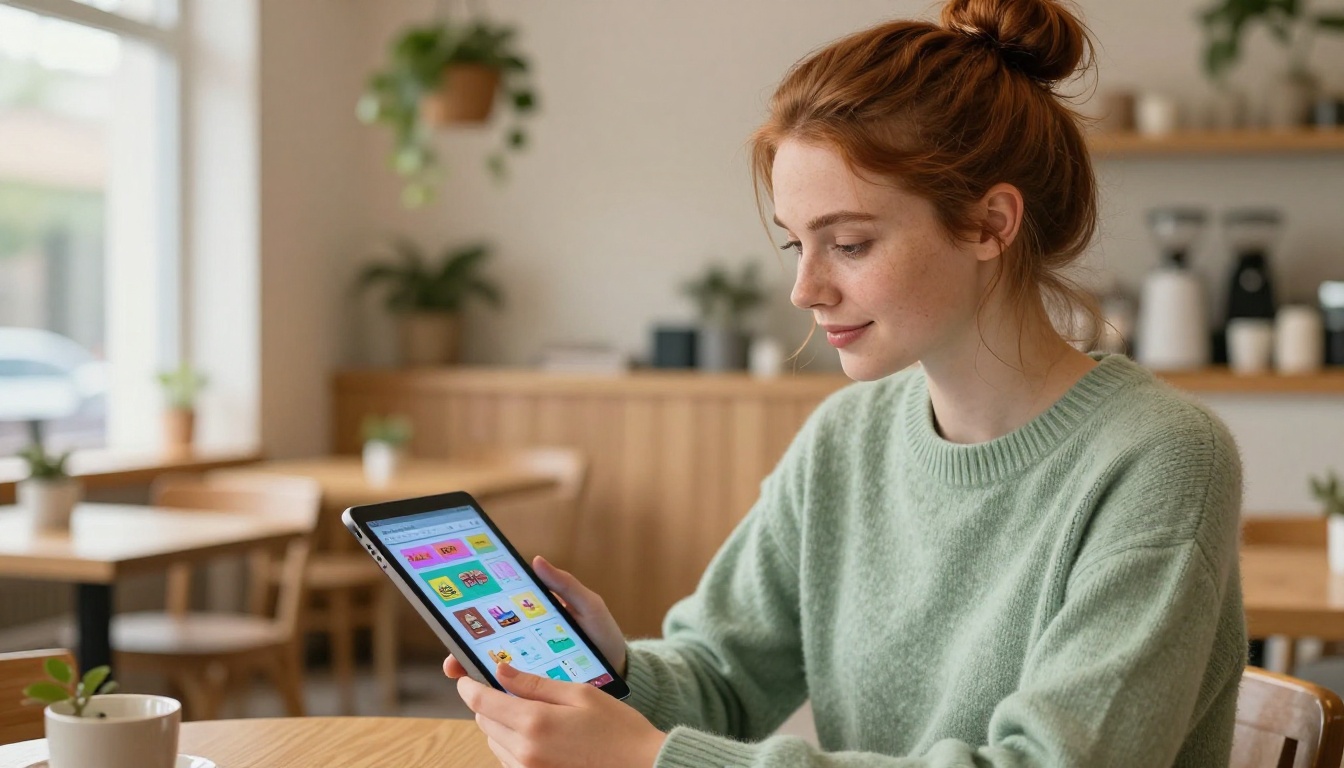 Young woman viewing a digital flipbook on a tablet in a bright Scandinavian café