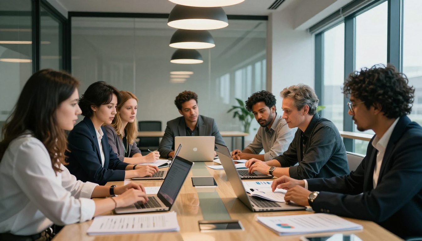 Diverse marketing team in animated discussion around a glass conference table with flipbooks
