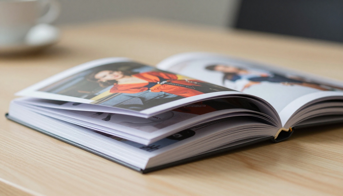 Close-up low-angle shot of a thick glossy flipbook mid-flip revealing vivid fashion ad campaign pages