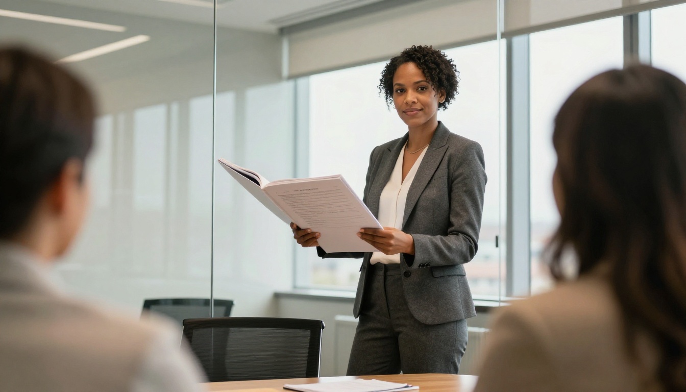 Marketing consultant presenting an open flipbook to clients in a sleek glass-walled meeting room