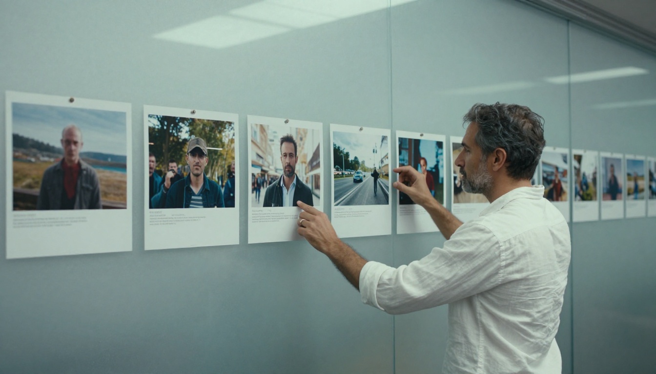 Creative director studying campaign storyboard panels arranged in sequence on a frosted glass wall
