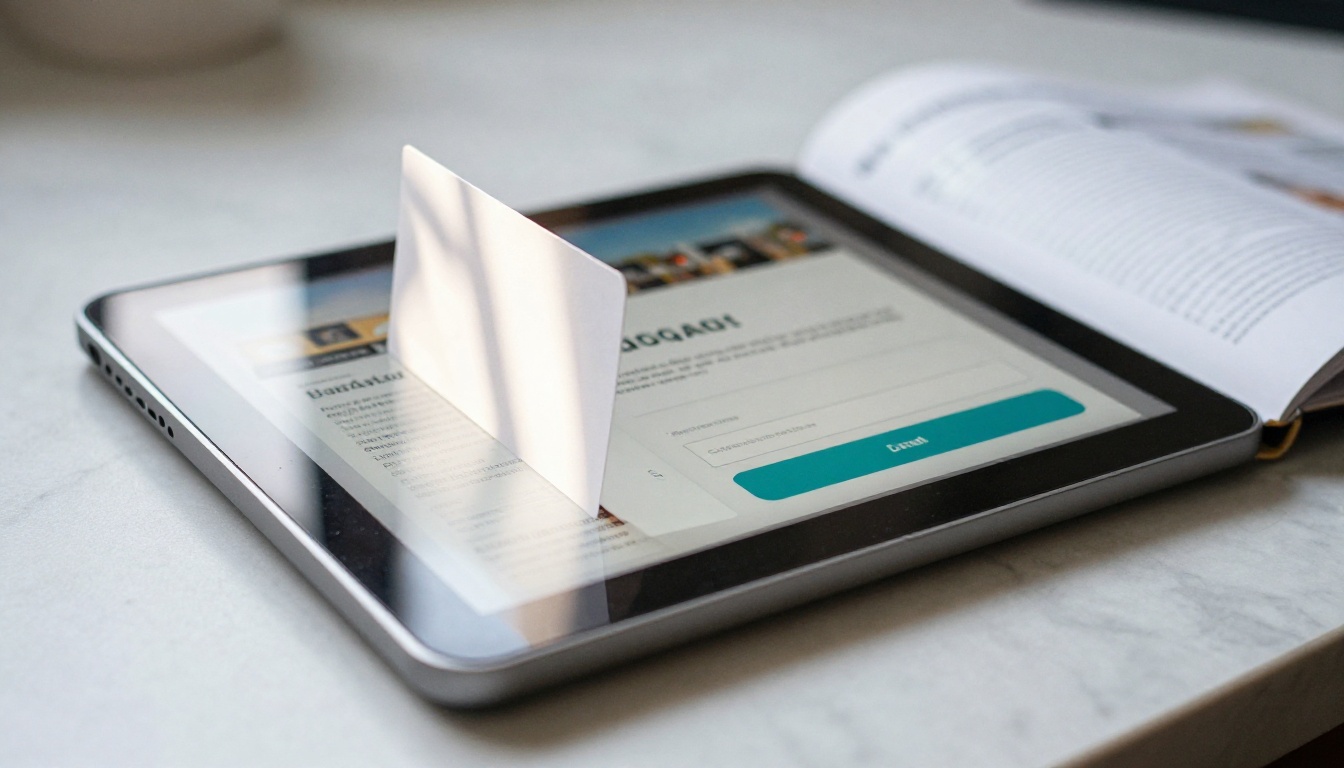 A tablet on a marble desk displaying a digital flipbook with an email pop-up overlay