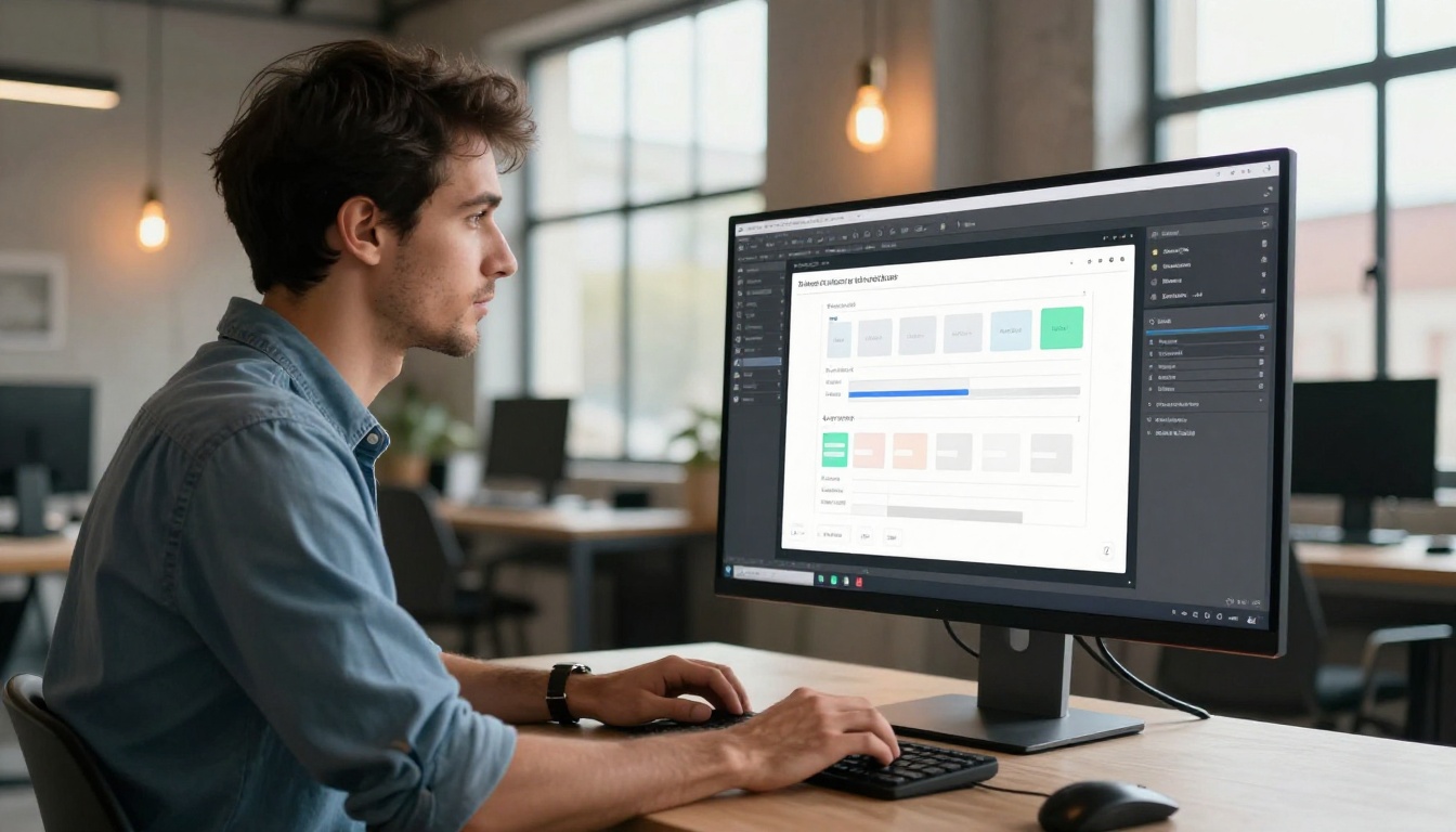 A UX designer working in a modern studio on a flipbook editor with a pop-up builder panel open