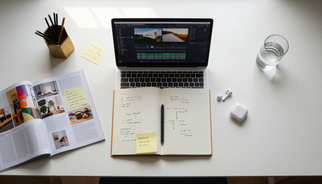 Aerial flat-lay of a minimalist desk workspace with a MacBook showing a flipbook editing dashboard