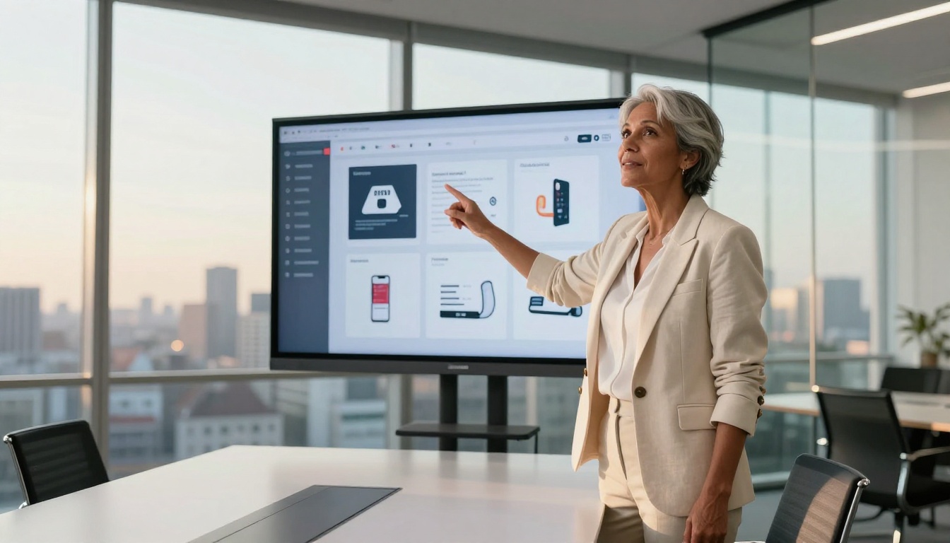 A confident businesswoman presenting a digital product catalog flipbook with a coupon pop-up on a conference room screen