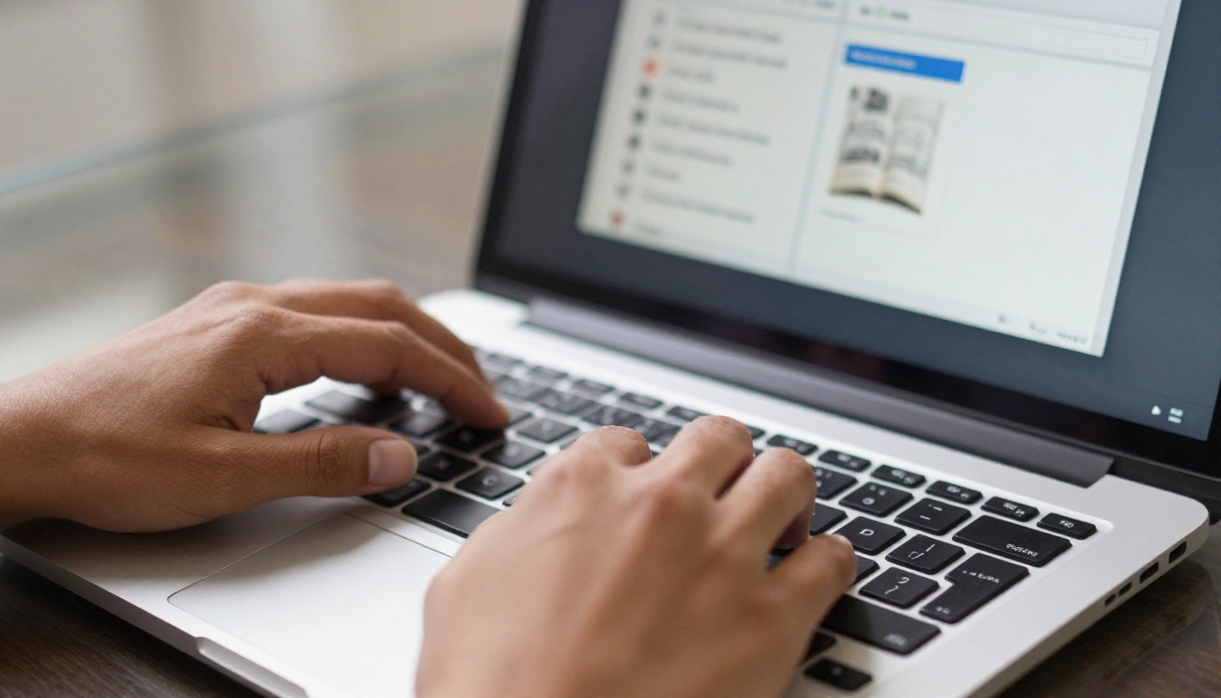 Close-up of hands typing on a laptop, configuring pop-up trigger settings in a flipbook editor