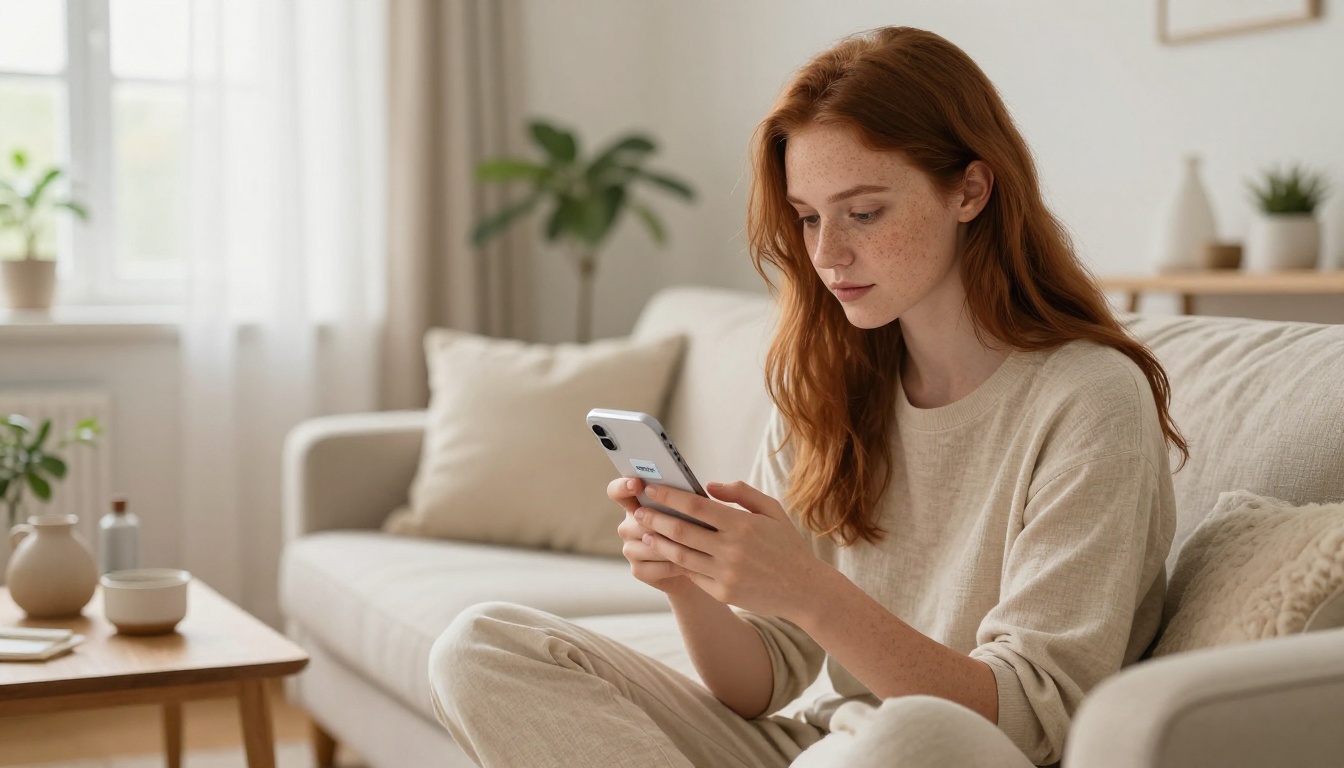 A young woman on a beige sofa scrolling a mobile flipbook with a discount pop-up visible on screen A young woman on a beige sofa scrolling a mobile flipbook with a discount pop-up visible on screen
