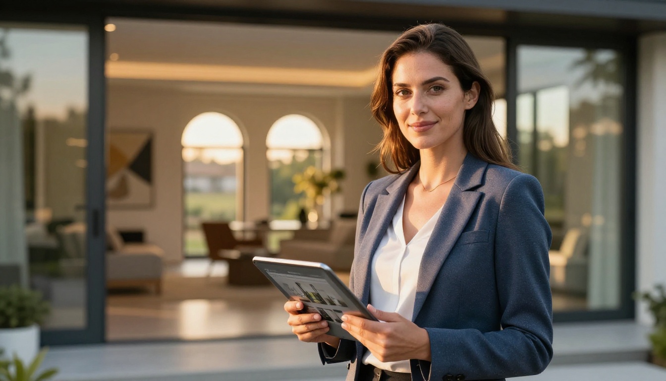Real estate agent presenting digital property brochure on tablet at luxury home entrance
