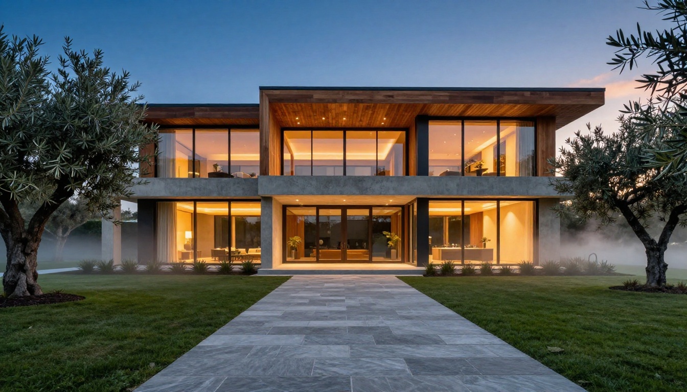 Stunning contemporary luxury villa exterior at dusk with glowing interior lights and limestone driveway