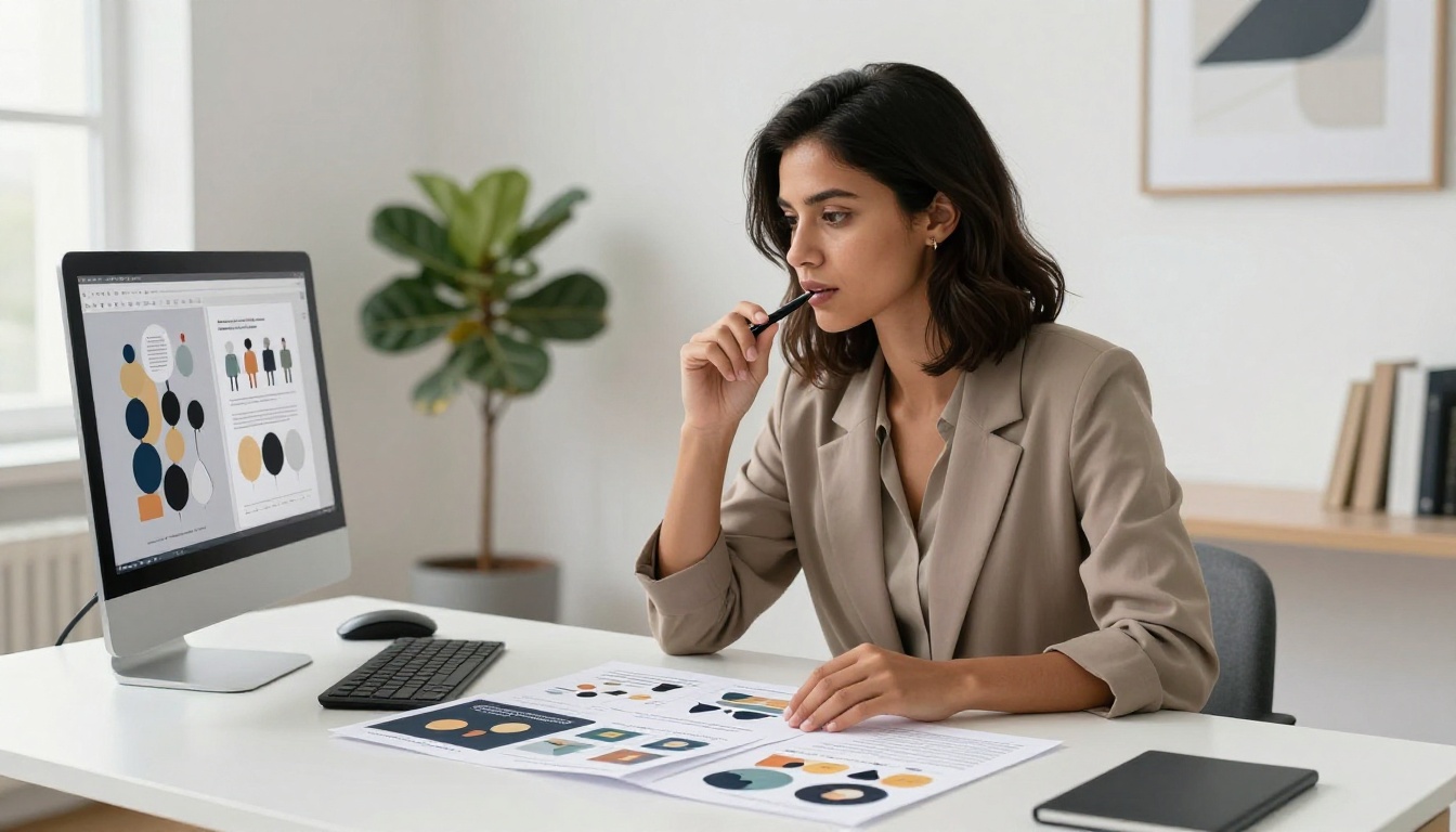 A marketing professional at a standing desk comparing two flipbook pop-up designs on a monitor A marketing professional at a standing desk comparing two flipbook pop-up designs on a monitor