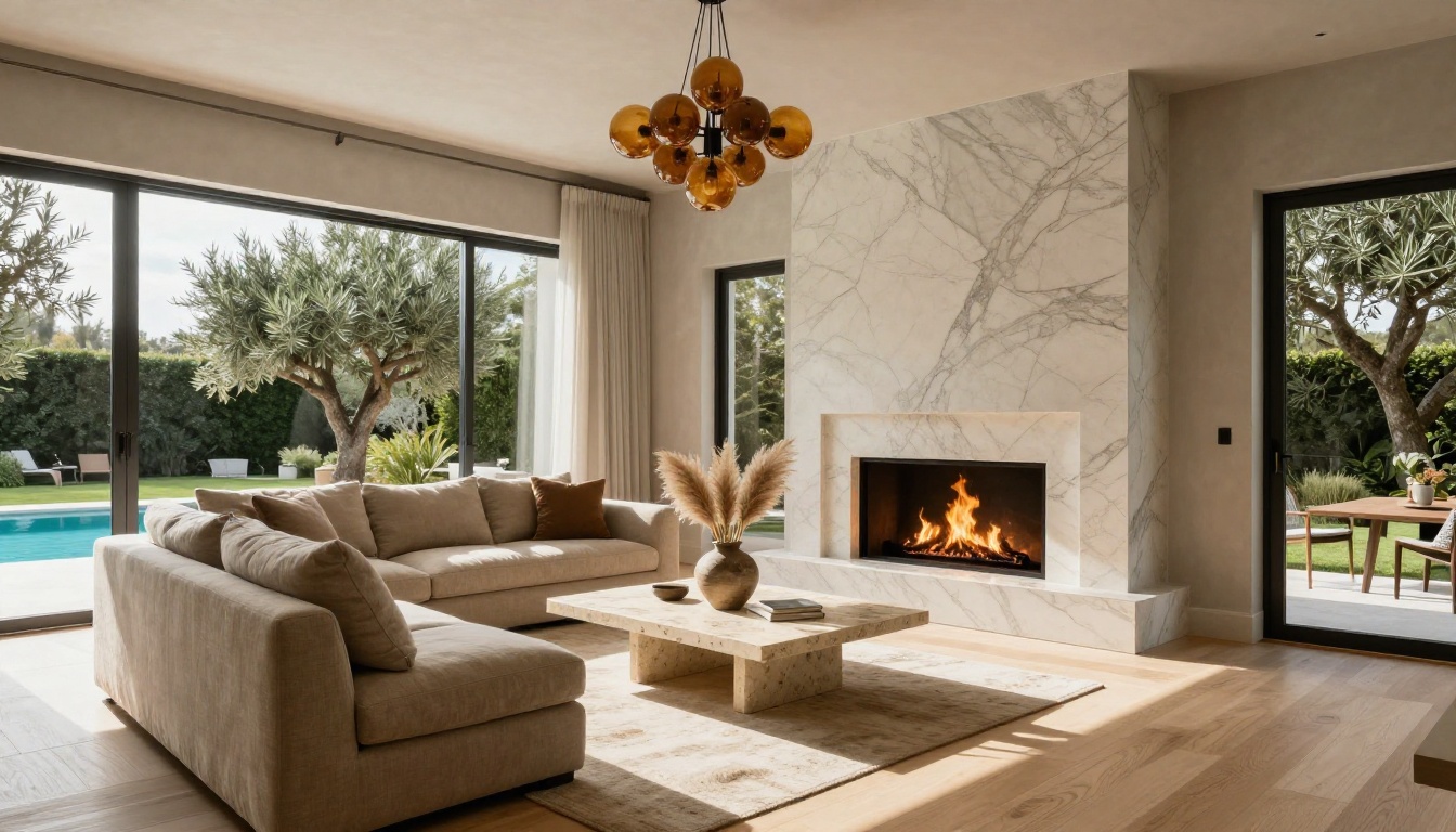 Immaculately staged luxury living room with marble fireplace and infinity pool view beyond glass doors