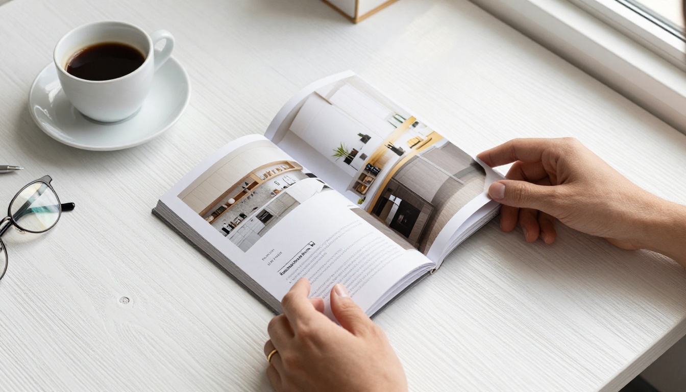 Close-up of real estate agent hands turning premium property brochure page on white oak desk with coffee Close-up of real estate agent hands turning premium property brochure page on white oak desk with coffee