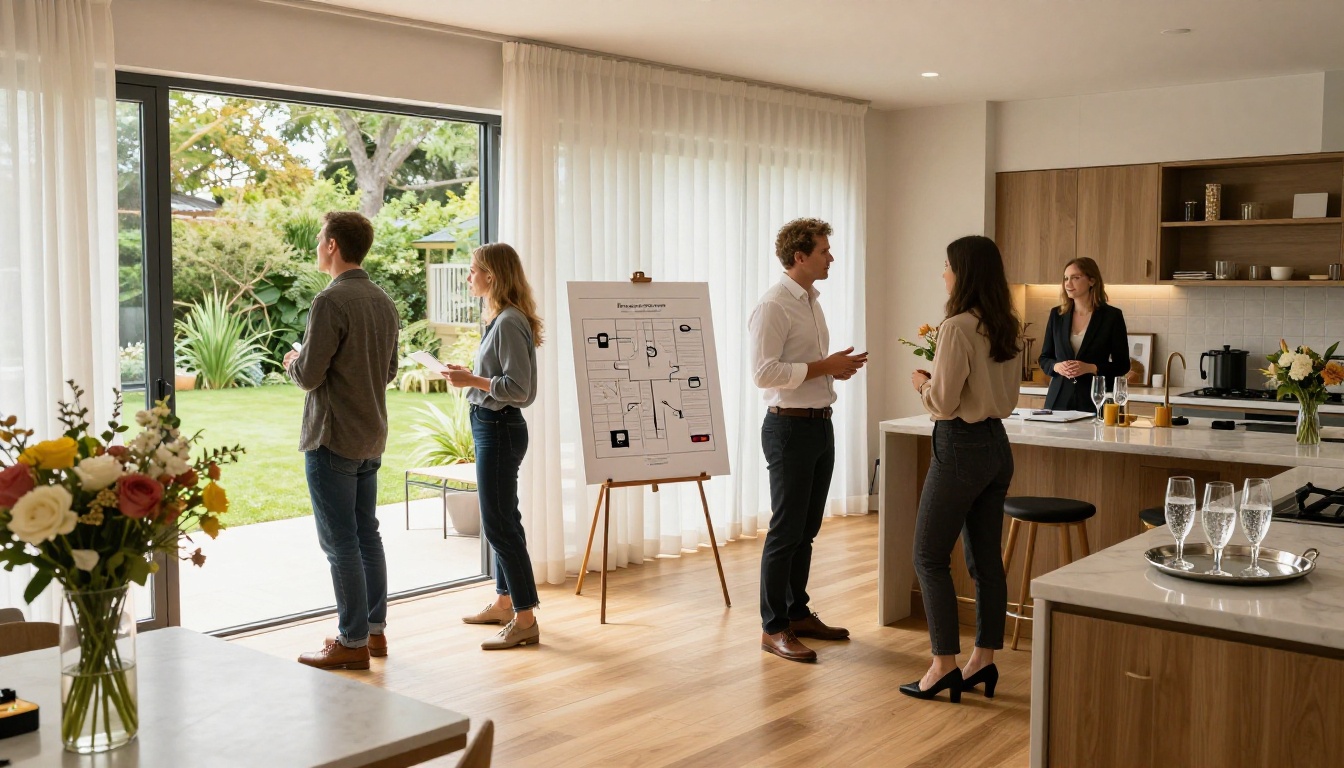 Open house event with well-dressed buyers exploring beautifully staged contemporary home interior