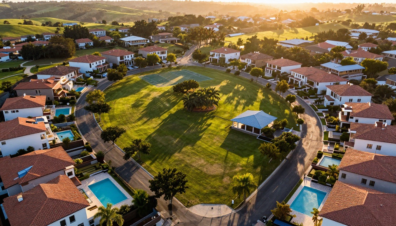 High-altitude aerial drone view of premium residential neighborhood at golden hour with turquoise pools High-altitude aerial drone view of premium residential neighborhood at golden hour with turquoise pools