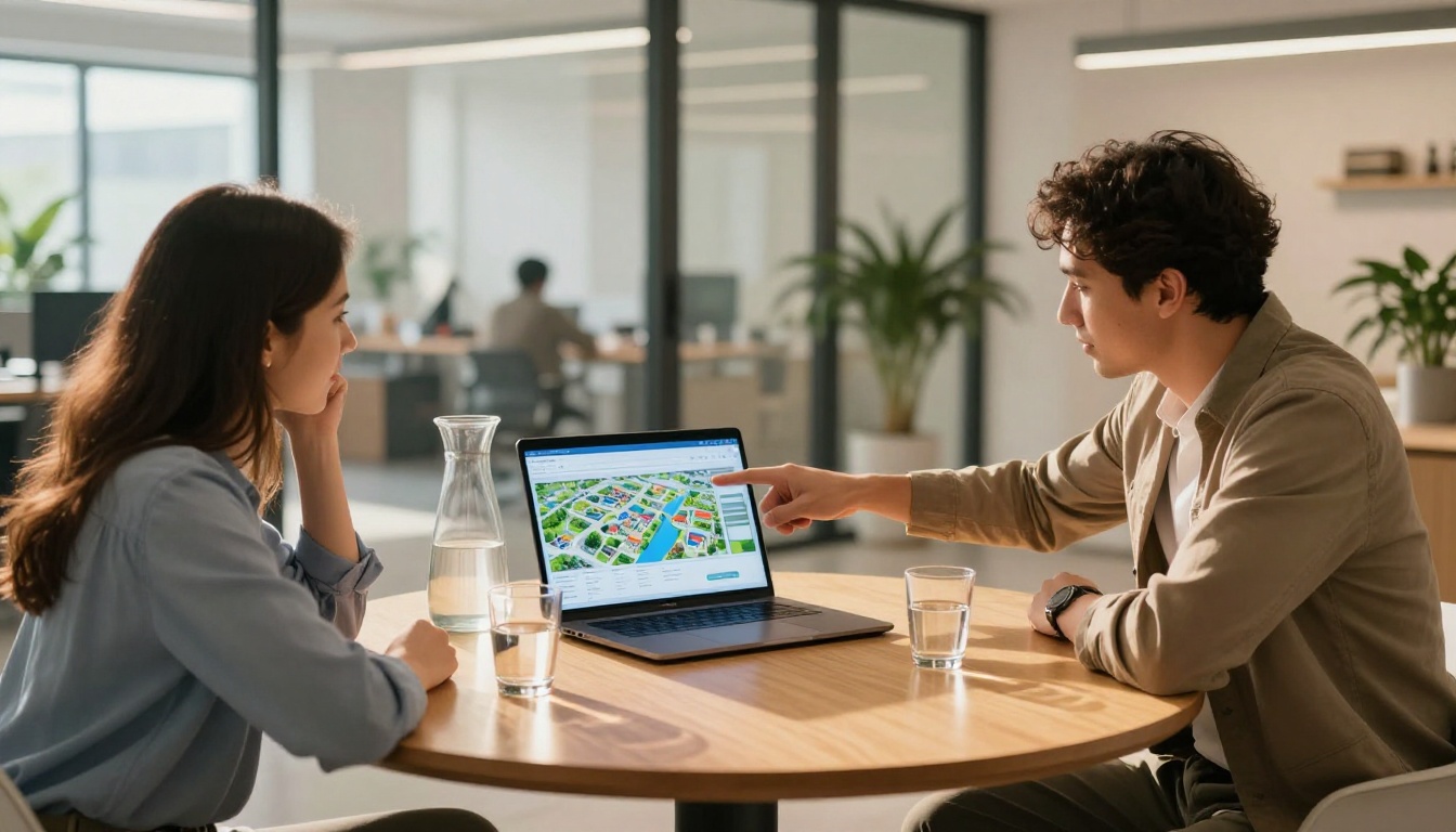 Real estate agent presenting digital flipbook on laptop to engaged young couple in modern office