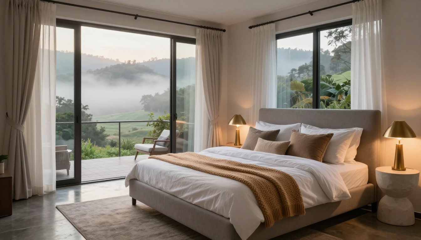 Luxury primary bedroom suite with misty valley views, billowing linen sheers, and warm brass bedside lamp Luxury primary bedroom suite with misty valley views, billowing linen sheers, and warm brass bedside lamp
