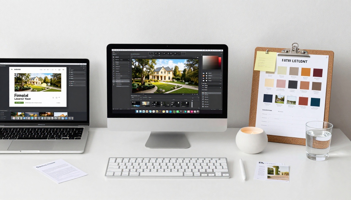 Professional real estate marketing workspace flat-lay with laptop showing flipbook design template Professional real estate marketing workspace flat-lay with laptop showing flipbook design template