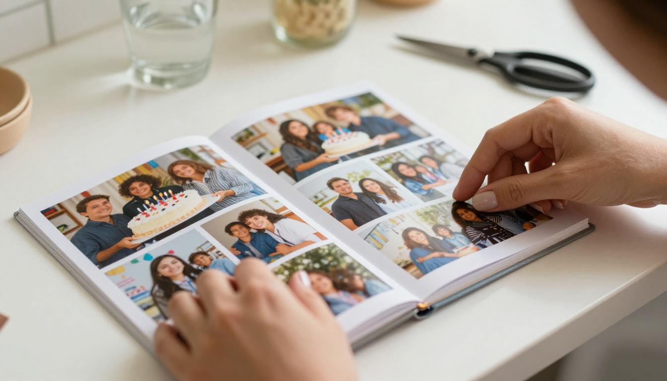 A woman's hands carefully placing printed birthday photos into a scrapbook album on a bright kitchen counter, warm afternoon light from the right side A woman's hands carefully placing printed birthday photos into a scrapbook album on a bright kitchen counter, warm afternoon light from the right side