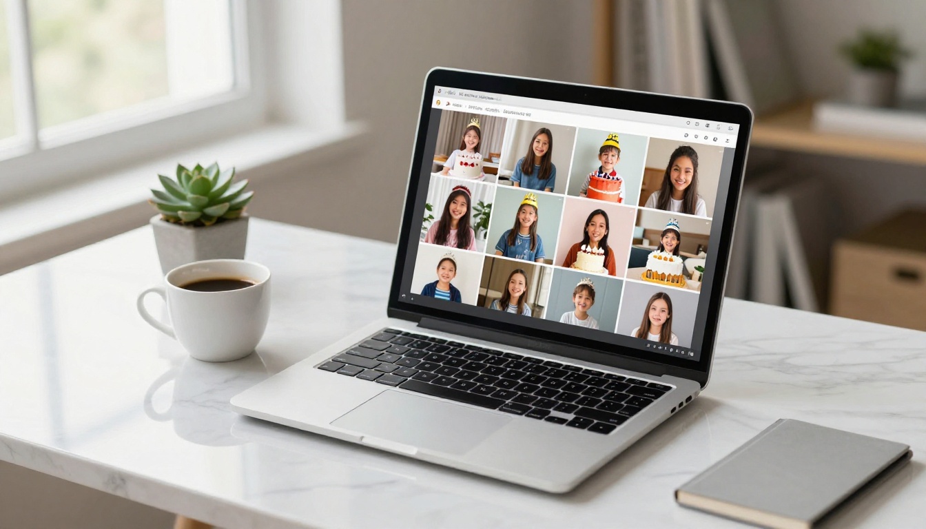 A laptop screen displaying a digital flipbook interface with birthday photos flipping through animated pages, soft natural light on marble desk A laptop screen displaying a digital flipbook interface with birthday photos flipping through animated pages, soft natural light on marble desk