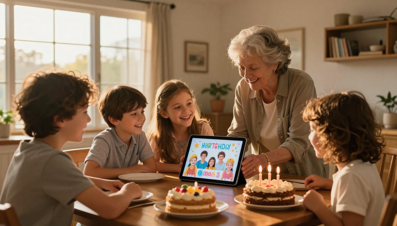 A joyful multi-generational family gathered around a dining table looking at a tablet showing a digital birthday flipbook, warm golden light through windows A joyful multi-generational family gathered around a dining table looking at a tablet showing a digital birthday flipbook, warm golden light through windows