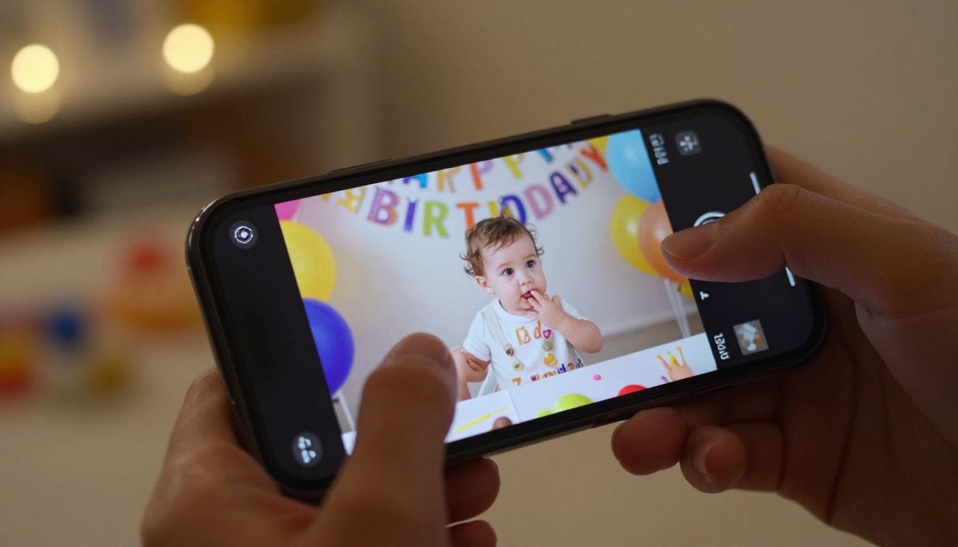Close-up of a smartphone held in a woman's hand displaying a birthday flipbook with child's first birthday party photos, warm evening light Close-up of a smartphone held in a woman's hand displaying a birthday flipbook with child's first birthday party photos, warm evening light