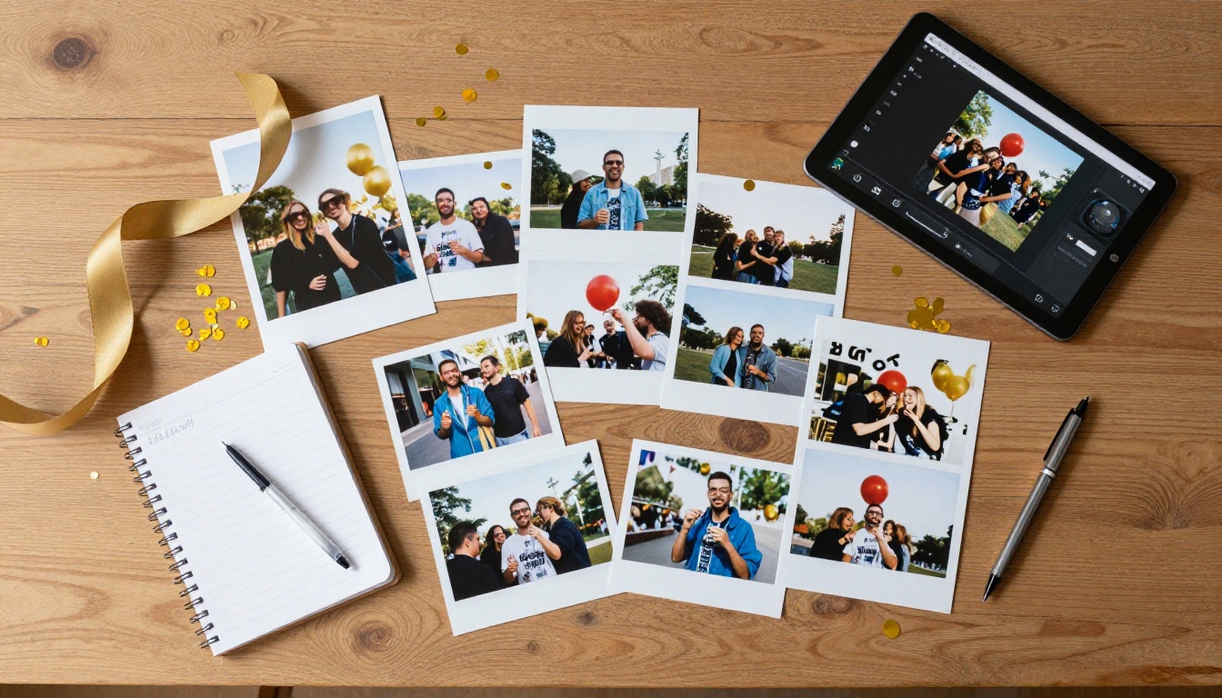 Flat lay aerial shot of birthday party planning materials on a wooden table with photos, notebook, gold confetti, ribbons, and a pen Flat lay aerial shot of birthday party planning materials on a wooden table with photos, notebook, gold confetti, ribbons, and a pen