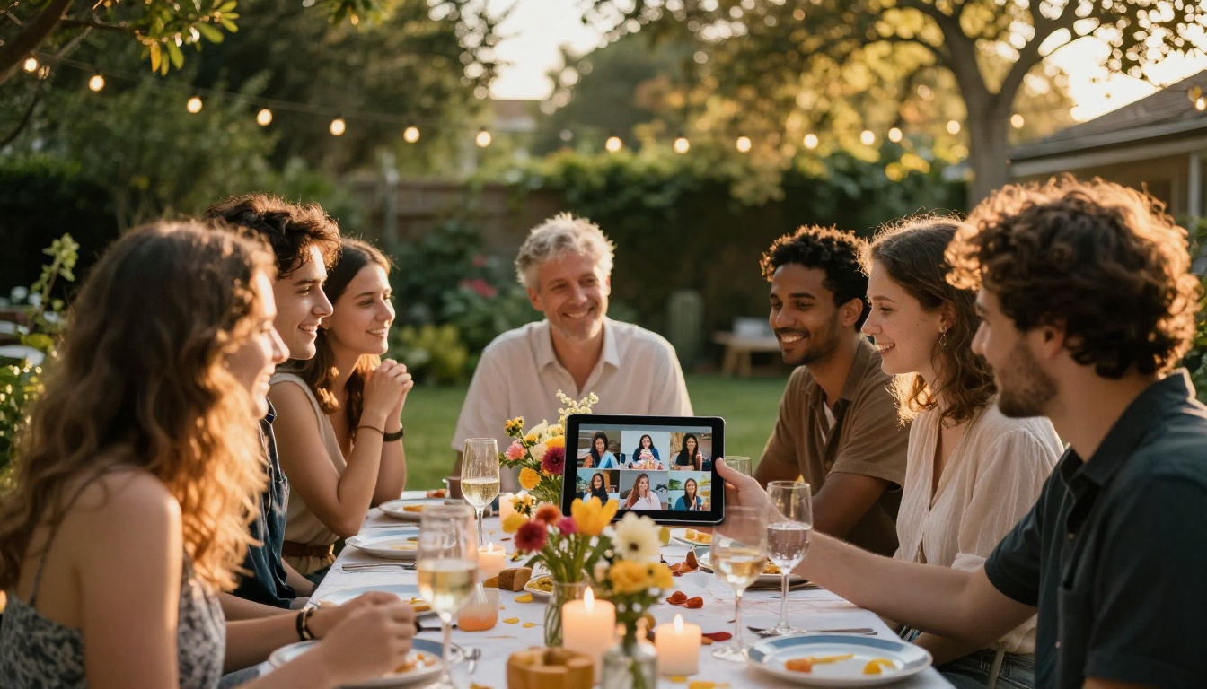 Birthday celebration at a backyard garden party, someone holding up a tablet showing a digital album to friends, golden late-afternoon sunlight Birthday celebration at a backyard garden party, someone holding up a tablet showing a digital album to friends, golden late-afternoon sunlight