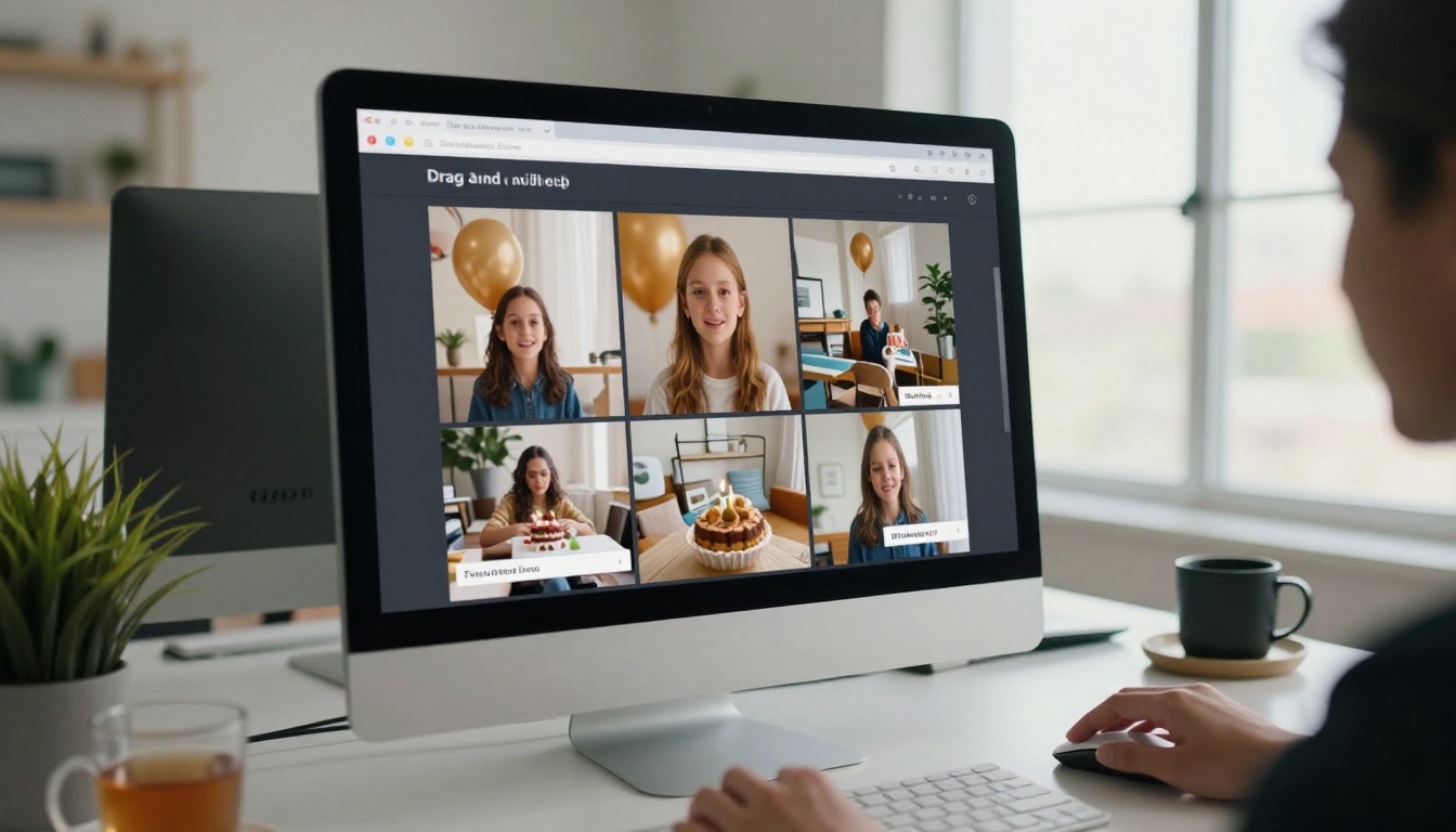Desktop computer showing a drag-and-drop photo upload interface with hands at keyboard, natural window light from the right Desktop computer showing a drag-and-drop photo upload interface with hands at keyboard, natural window light from the right