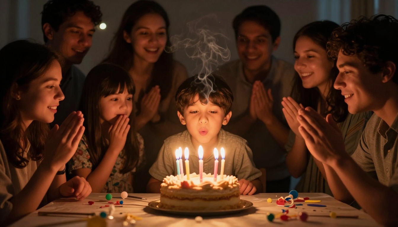 A child blowing out birthday candles on a cake surrounded by family, warm candlelight from below, bokeh of colorful party decorations in background A child blowing out birthday candles on a cake surrounded by family, warm candlelight from below, bokeh of colorful party decorations in background